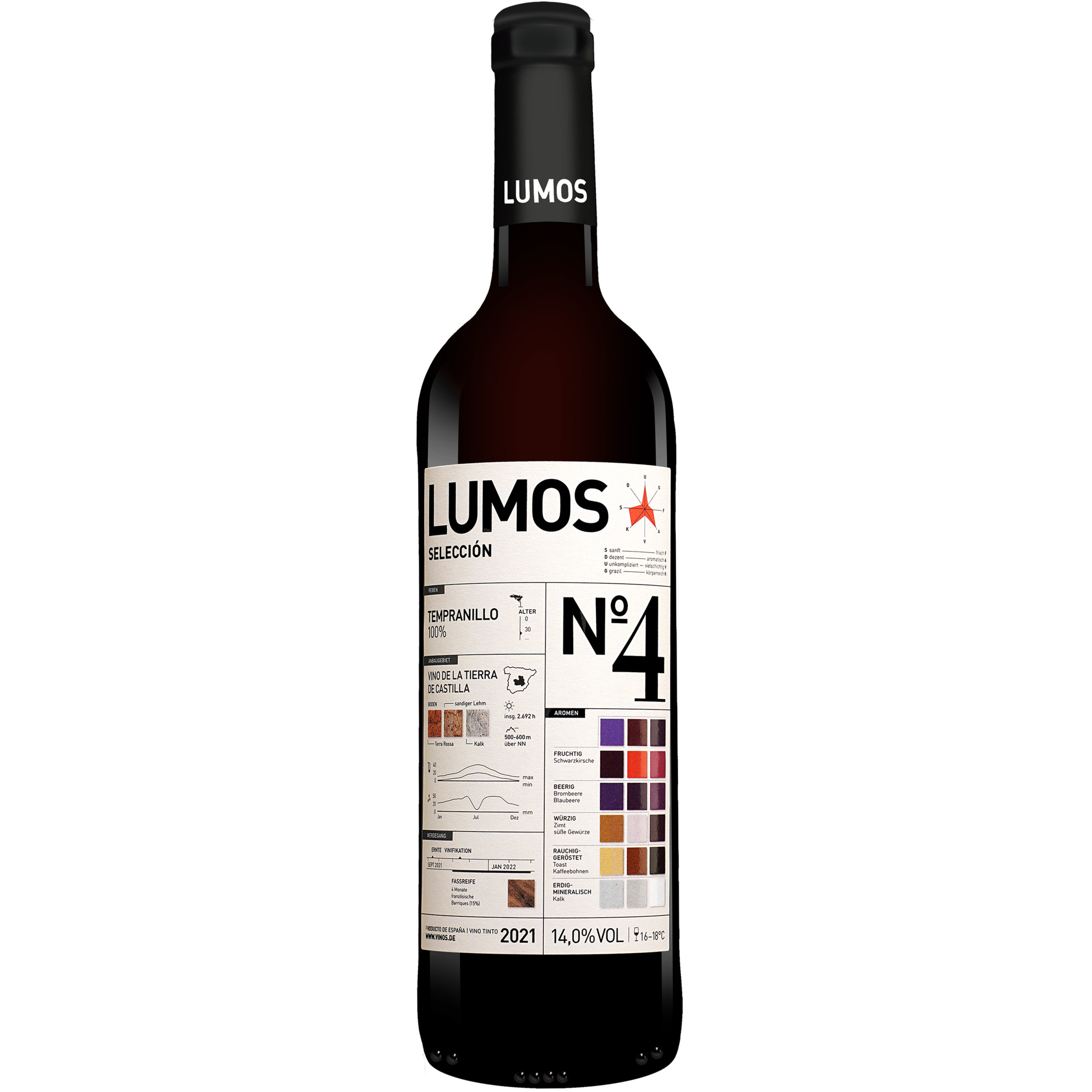 LUMOS No.4 Tempranillo 2021  0.75L 14% Vol. Rotwein Trocken aus Spanien Rotwein 34136 vinos DE