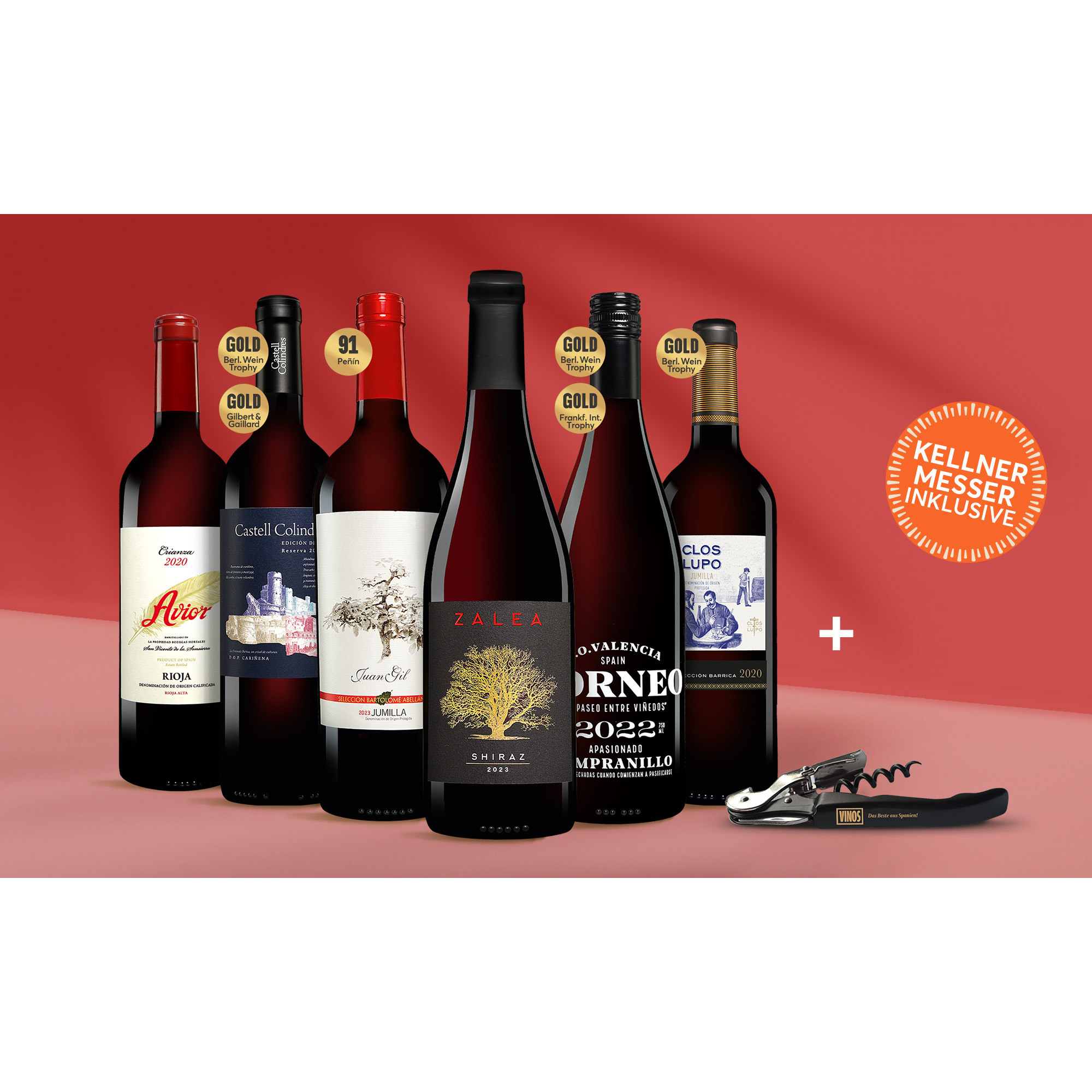 Rotwein-Paket inklusive Kellnermesser  4.5L Weinpaket aus Spanien 39591 vinos DE