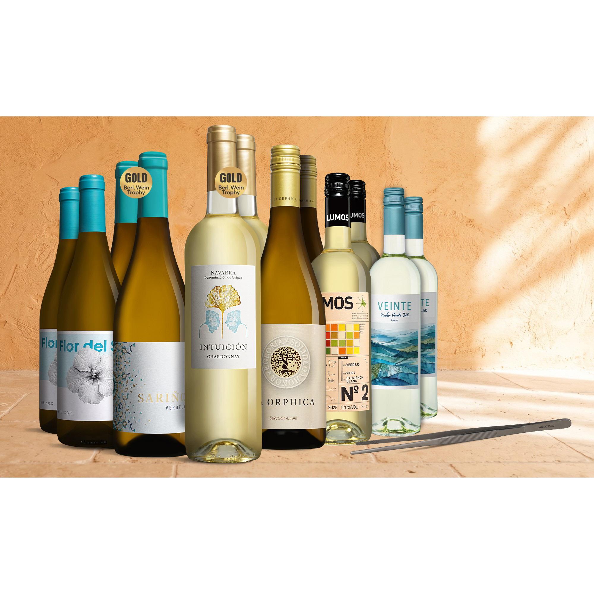 VINOS Wein-Angebote - Blanco-Topseller-Paket + gratis Grillpinzette  9L Weinpaket aus Spanien