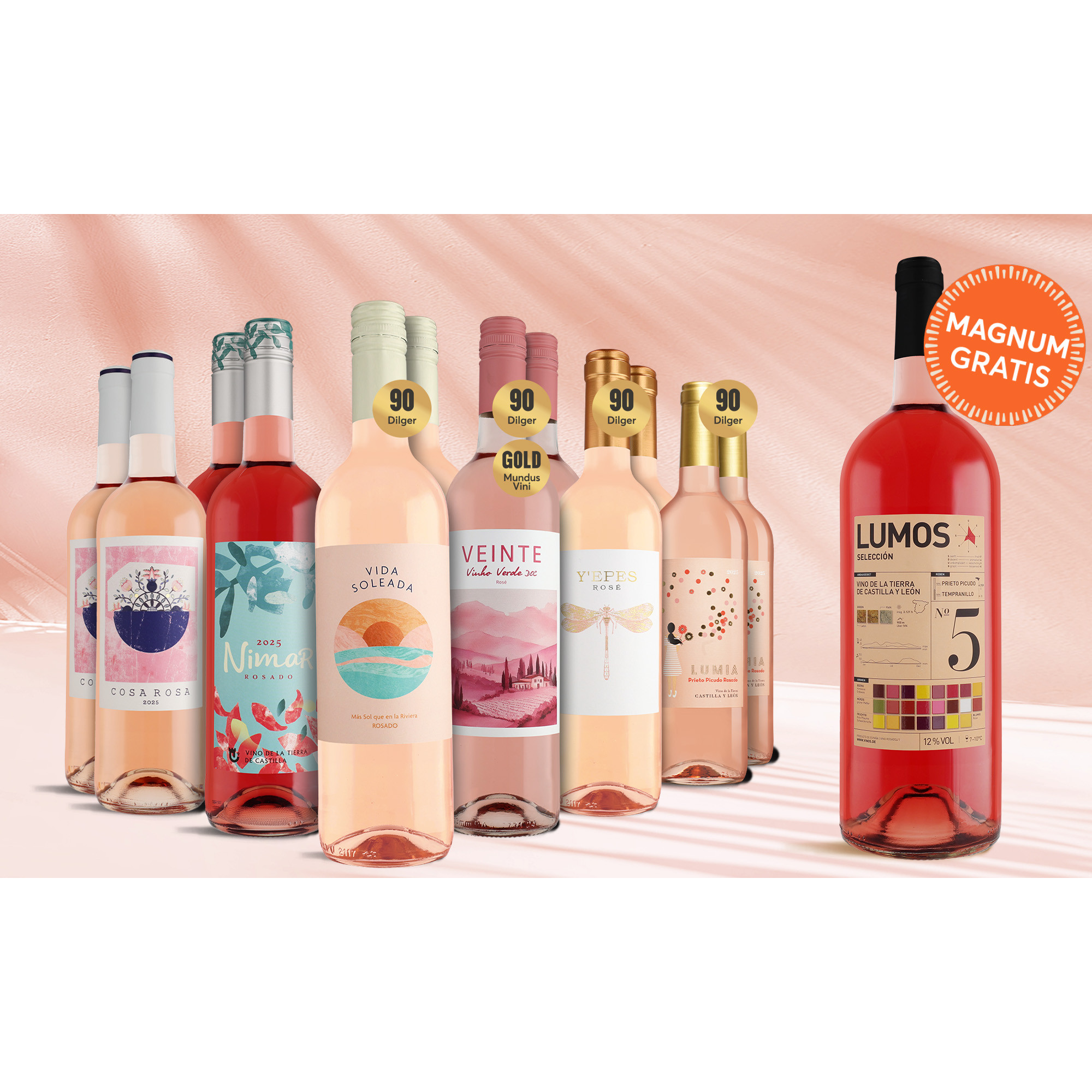 Rosépaket 6x2 + Gratis 1Fl. Lumos Rosado Magnum 10 Weinpaket aus Spanien